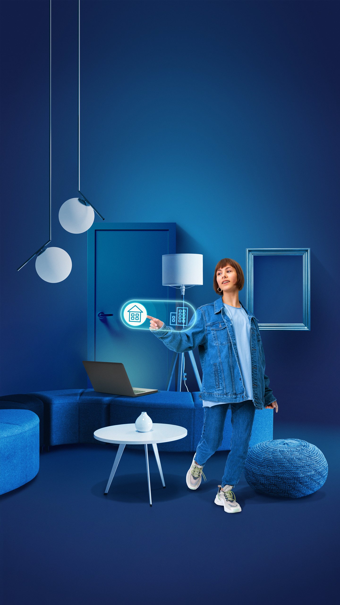 Man looking at tablet in house with automation lighting system, sitting in kitchen switching on bulbs using voice command. Person controlling lights using wifi gadget with smart home application