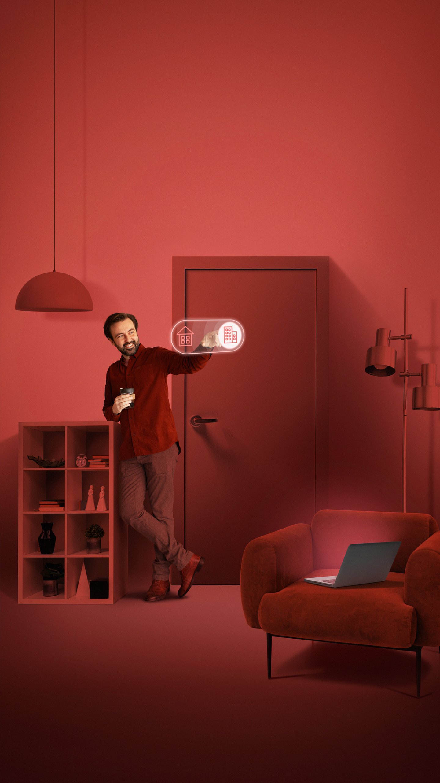 Man looking at tablet in house with automation lighting system, sitting in kitchen switching on bulbs using voice command. Person controlling lights using wifi gadget with smart home application